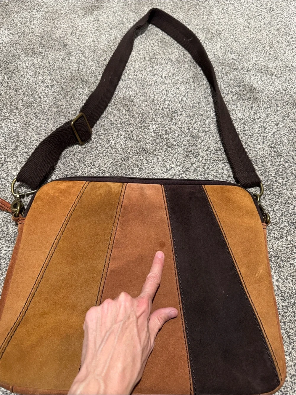 Suede Patchwork Messenger or Lap top Bag in Brown/Tan